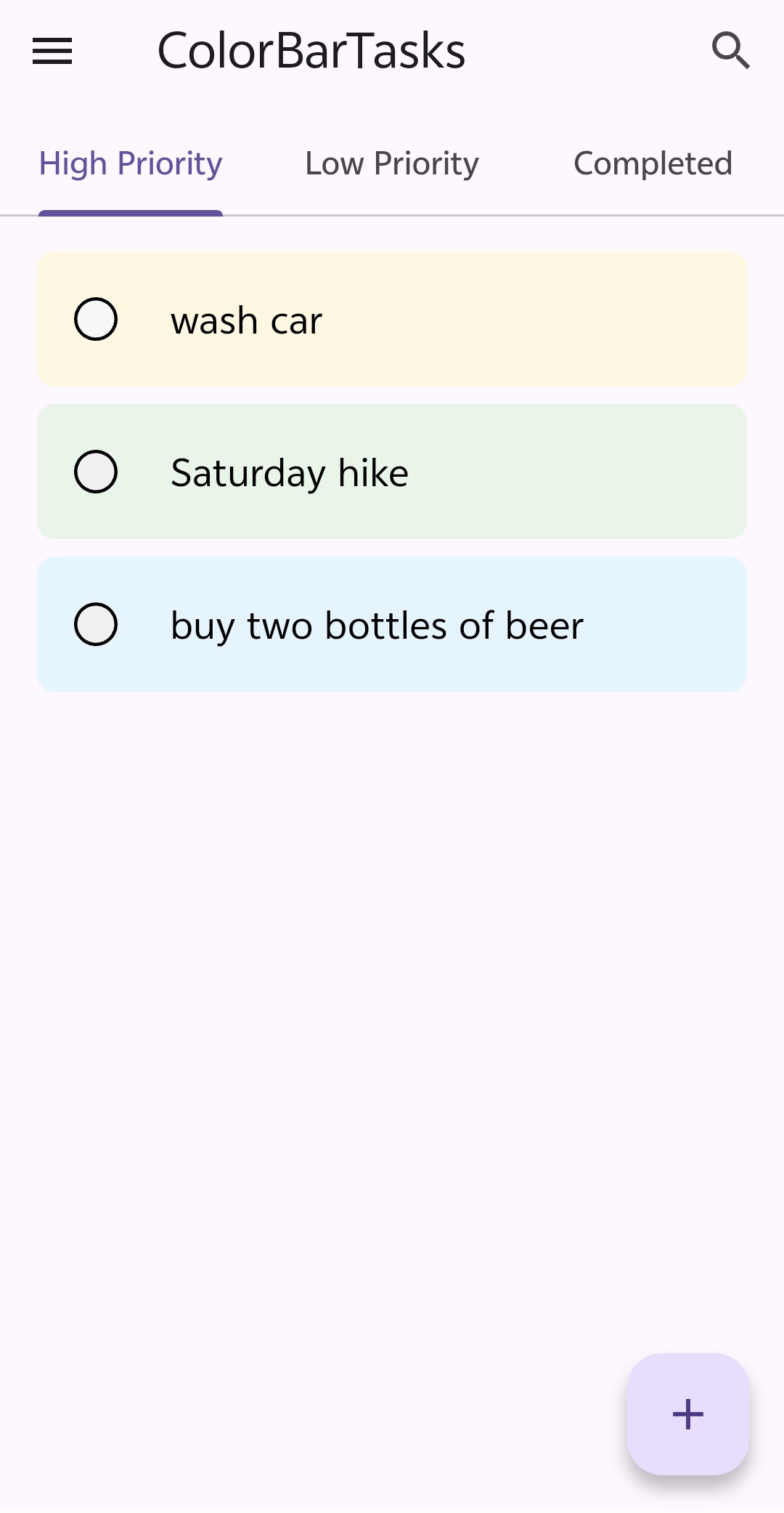 ColorBarTasks mobile interface showing task list